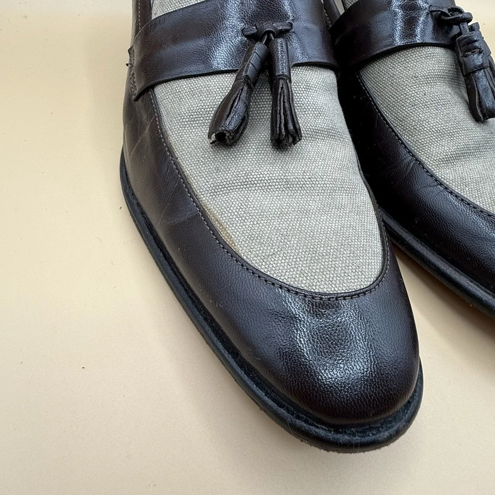Giorgio Brutini Mens 10.5 Tassel Loafers Brown Leather Canvas Two Tone Resort